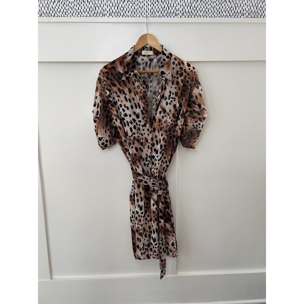 Gottex Women's Leopard Print Belted Puff Sleeve Shirt Dress M